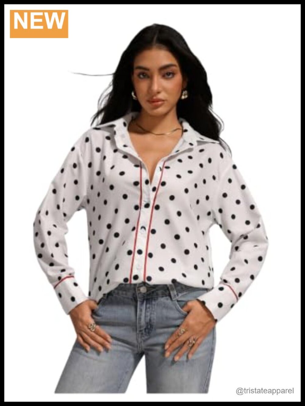 Women's Polka Dot Button Down Long Sleeve Blouse Shirt Collared